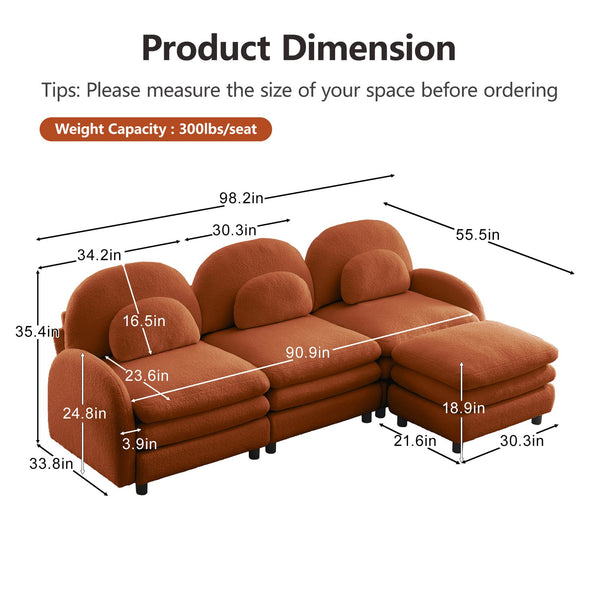 English Elm Teddy Fleece Modular Cloud Sofa Plush Curved Sectional with Ottoman for Living Room Orange W5656S00097