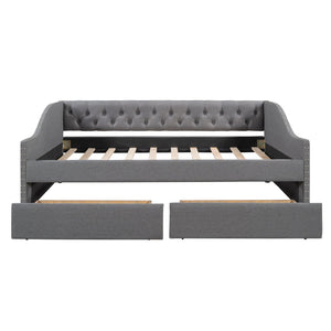 English Elm Upholstered Full Daybed with Linen Tufted Back Rivet Arms and Two Storage Drawers LP002111AAE
