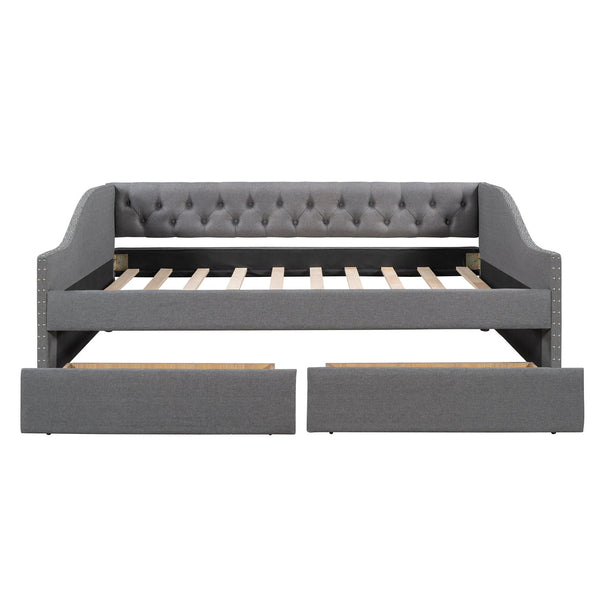 English Elm Upholstered Full Daybed with Linen Tufted Back Rivet Arms and Two Storage Drawers LP002111AAE