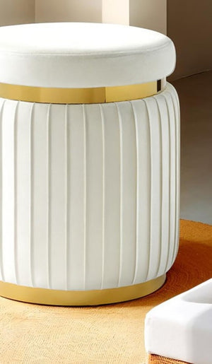 English Elm Contemporary Plush Pleated Round Ottoman Stool with Gold Trim Base, Velvet-Like Accent Seat for Living Room White 16 L x 16 W x 19 H B2741P388359