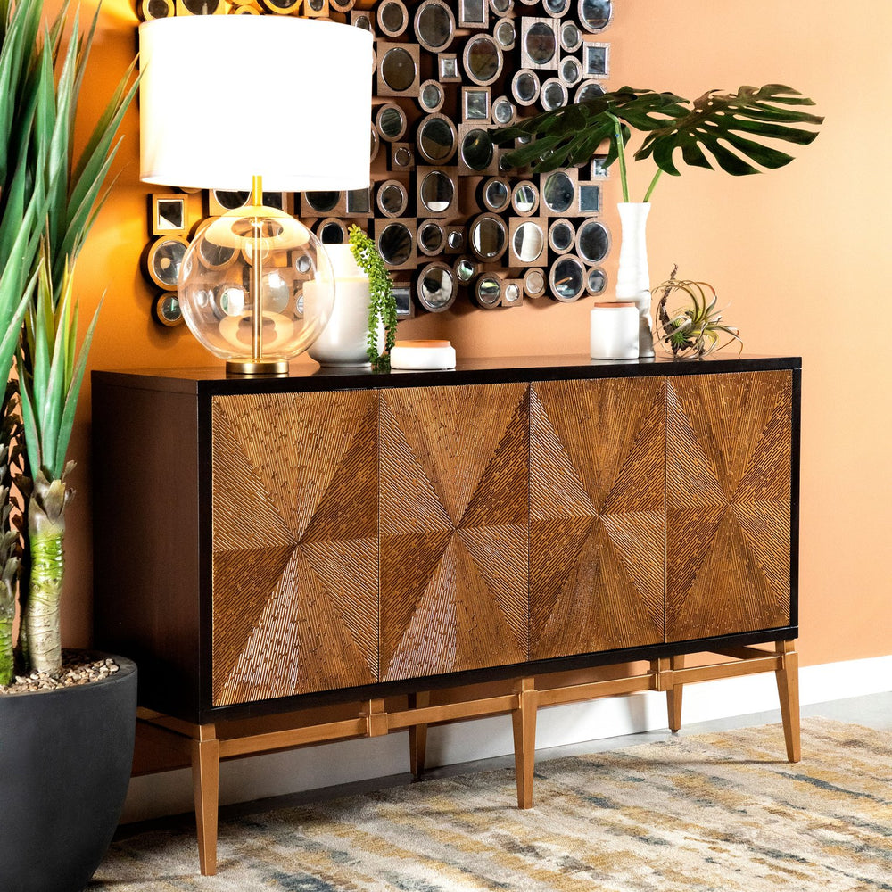 English Elm Capri Brown & Antique Gold Two-Tone 4-Door Accent Cabinet — Elegant Storage, Spacious Concealed Design B062P328616