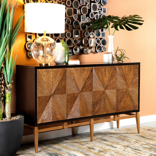 English Elm Capri Brown & Antique Gold Two-Tone 4-Door Accent Cabinet — Elegant Storage, Spacious Concealed Design B062P328616
