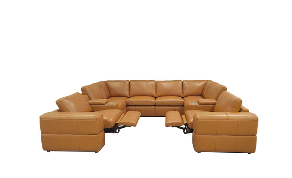 English Elm Premium Leather Match L-shaped Sectional with Dual Recliners and Built-in Console Ginger B2748S00156