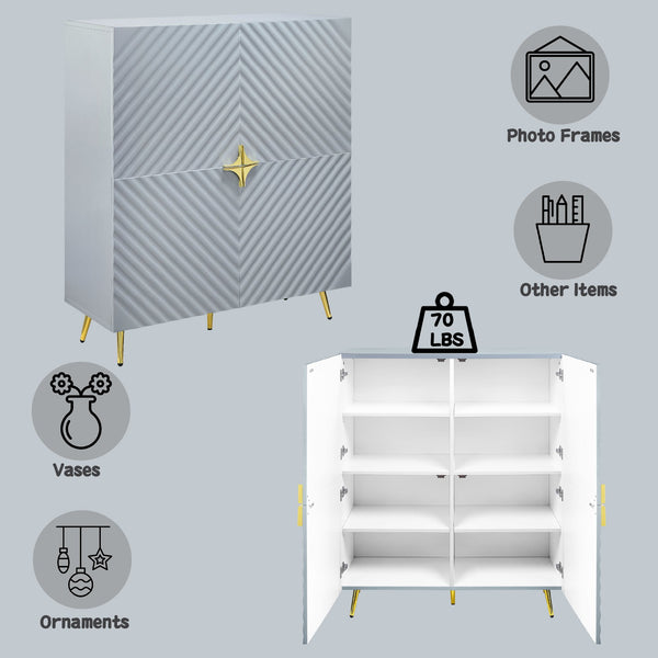 English Elm Gaines Gray High Gloss Accent Cabinet with Wave Pattern, Metal Legs, 4 Doors & Adjustable Shelves, Modern Storage Solution B2726P256305