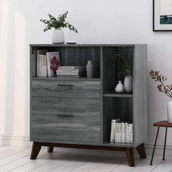 English Elm Christopher Knight Home® - CABINET mid-century modern faux wood storage console with splayed legs, drawers & cubby shelves Grey 67351.00SONGRY