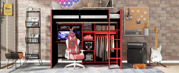 English Elm Full Size Loft Bed with Rgb Lighting Desk Open Wardrobe and Storage for Gaming Rooms Red LT000277AAR