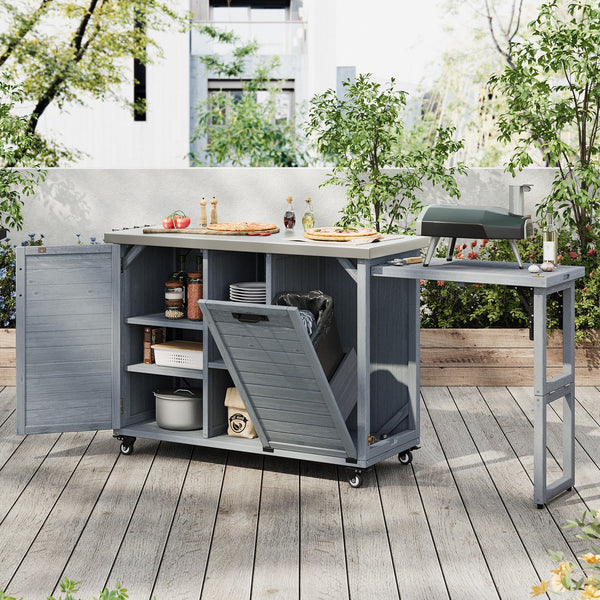 English Elm K&k Outdoor Rolling Kitchen Island Fir Wood Stainless Steel Top with Foldable Prep Station Grey+Blue N707P370276G