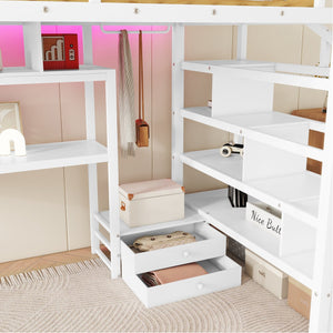 English Elm Full Size Loft Bed With Integrated Led, Workspace & Storage, Stylish Metal Frame For Kids' Rooms W2593S00018