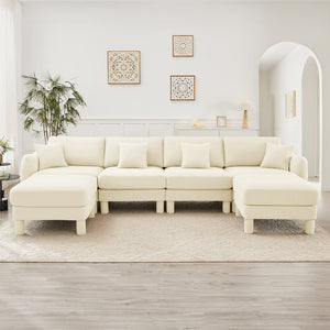 English Elm Boucle U-Shape Sectional Sofa For 4, Stylish Shell Armrests & Movable Ottomans In Beige Comfort W3041S00281