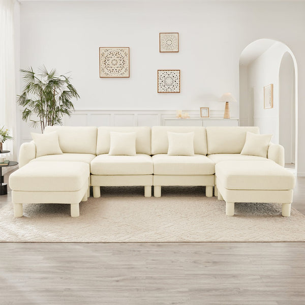 English Elm Boucle U-Shape Sectional Sofa For 4, Stylish Shell Armrests & Movable Ottomans In Beige Comfort W3041S00281