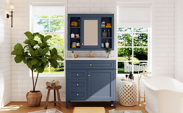 English Elm 36'' Modern Bathroom Vanity with Mirror Cabinet and Sink, Spacious Storage, Soft-Close Doors & Drawers Blue SW000134AAC-3