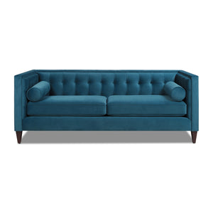 English Elm Jennifer Taylor Home - Jack 84" Modern Tuxedo Tufted Sofa in Plush Velvet with Shelter Arms, Reversible Cushions, Pillows Blue B2719P238406