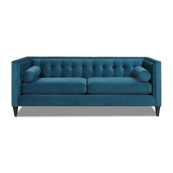 English Elm Jennifer Taylor Home - Jack 84" Modern Tuxedo Tufted Sofa in Plush Velvet with Shelter Arms, Reversible Cushions, Pillows Blue B2719P238406