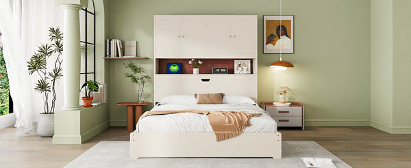 English Elm Full Size Wooden Platform Bed With Usb Charging, Storage Headboard & Elegant Drawers In Cream N820S00045K