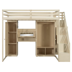 English Elm Full Size Loft Bed with Wardrobe Dressing Mirror Usb Ports and Teen Room Storage LT000276AAA