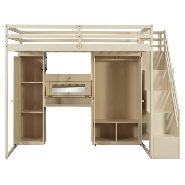 English Elm Full Size Loft Bed with Wardrobe Dressing Mirror Usb Ports and Teen Room Storage LT000276AAA