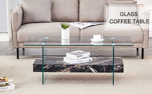 English Elm Rectangular Two Tier Glass Coffee Table with Marble Shelf for Modern Living Rooms W2920P226071