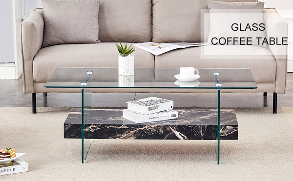 English Elm Rectangular Two Tier Glass Coffee Table with Marble Shelf for Modern Living Rooms W2920P226071