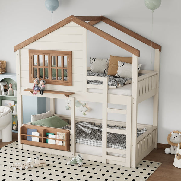 English Elm Full Bunk Bed with Trundle Bookshelf Storage Pine Frame Car Design for Kids W1580S00324