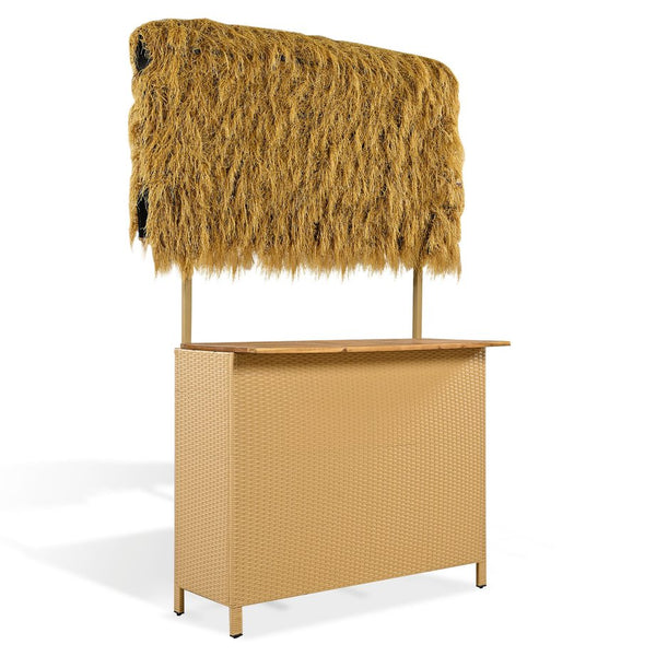 English Elm Go Tropical Tiki Bar Patio Set Acacia Wood Top Pe Wicker Stools with Grass Canopy WF530958AAA