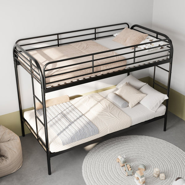 English Elm Metal Twin Over Twin Bunk Bed - Heavy Duty Metal Frame with Dual Ladders, Full-Length Safety Rails, Low-Profile Space-Saving Design Black W3752P378564