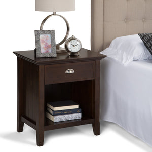 English Elm Acadian Handcrafted Bedside Table in Brunette Brown - Solid Wood, Drawer & Open Storage, Transitional Design B136P159417