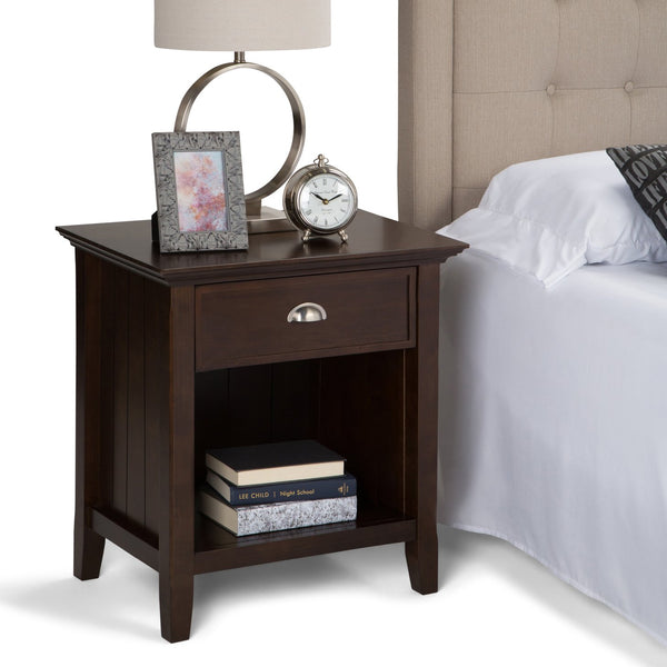 English Elm Acadian Handcrafted Bedside Table in Brunette Brown - Solid Wood, Drawer & Open Storage, Transitional Design B136P159417