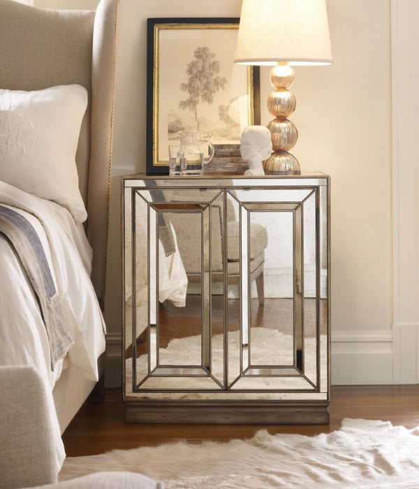 Hooker Furniture Sanctuary Mirrored Two-Door Nightstand With Visage Finish, Adjustable Shelves, Brightening Accent 3014-90015