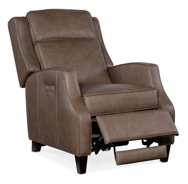 Hooker Furniture Tricia Top-Grain Leather Power Recliner With Usb Port, Adjustable Headrest And Dark Wood Base Grey RC110-PH-094