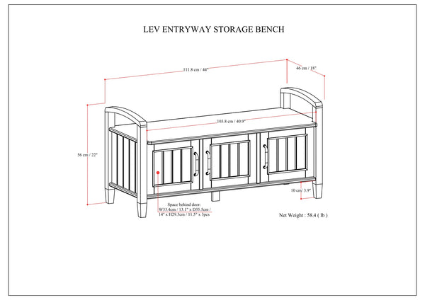 English Elm Lev Smoky Brown Entryway Storage Bench with 3 Doors, Spacious Seat for 2, Solid Wood, Grooved Detail B136P158817