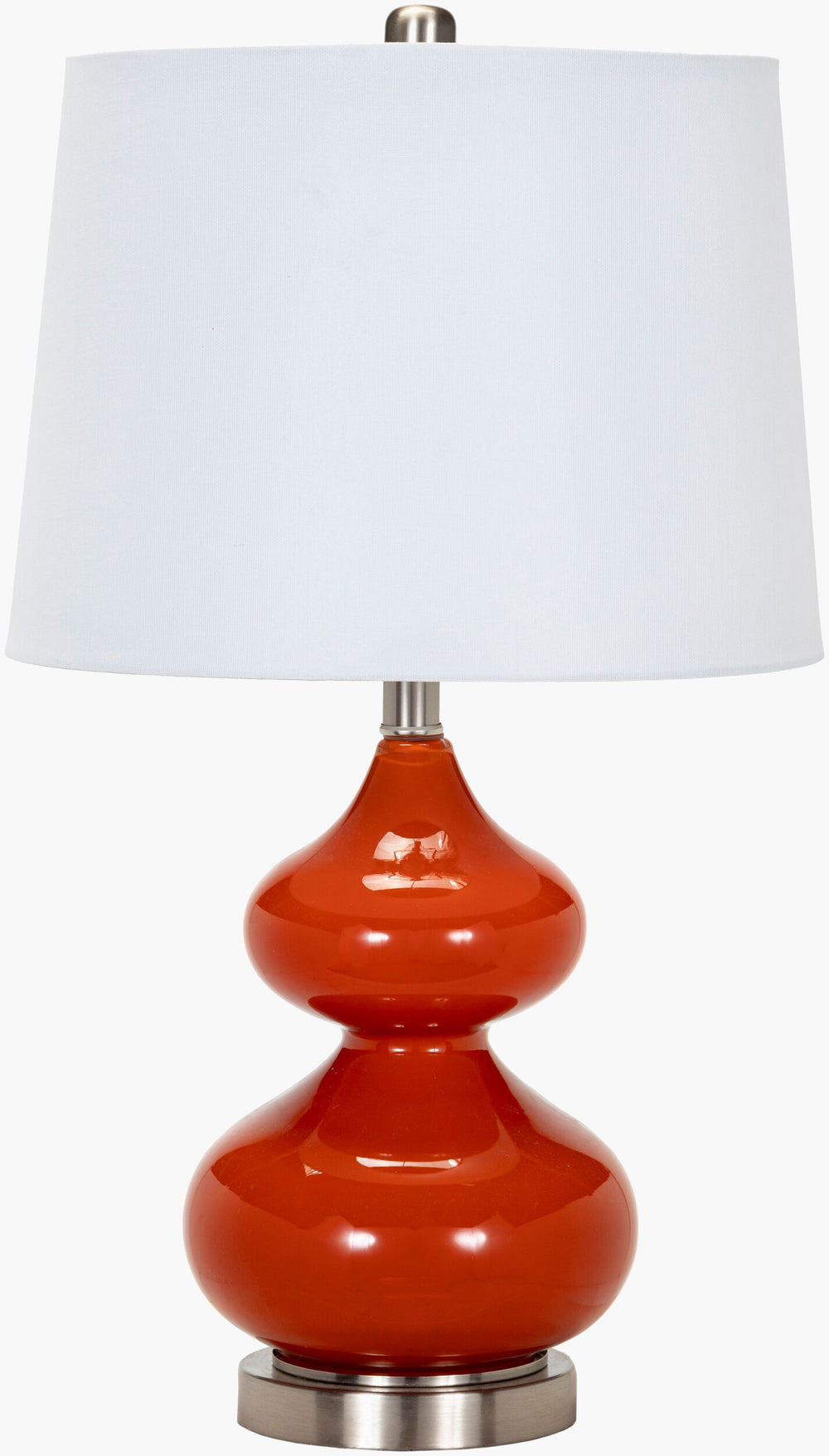 Surya Foligno 24" Accent Table Lamp - Elegant White Linen Shade & Unique Metal-glass Design For Home Decor Body, Orange,Base, Metallic ,Nickel,Shade, White,Finial, Metallic ,Nickel,Harp, Metallic ,Brass,Cord, Translucent Glass,Iron,Linen,Polyester,Iron Fgo-001