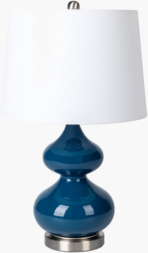 Surya Foligno 24" Accent Table Lamp - Elegant White Linen Shade & Unique Metal-glass Design For Home Decor Body, Blue,Base, Metallic ,Nickel,Shade, White,Finial, Metallic ,Nickel,Harp, Metallic ,Nickel,Cord, Translucent Glass,Iron,Linen,Polyester,Iron Fgo-002