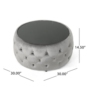 English Elm Ottoman Round Velvet Tufted Diamond Stitch Glass Top Modern Glam Living Room Accent 62732.00SMOK