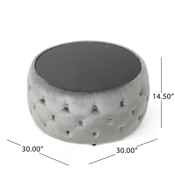 English Elm Ottoman Round Velvet Tufted Diamond Stitch Glass Top Modern Glam Living Room Accent 62732.00SMOK