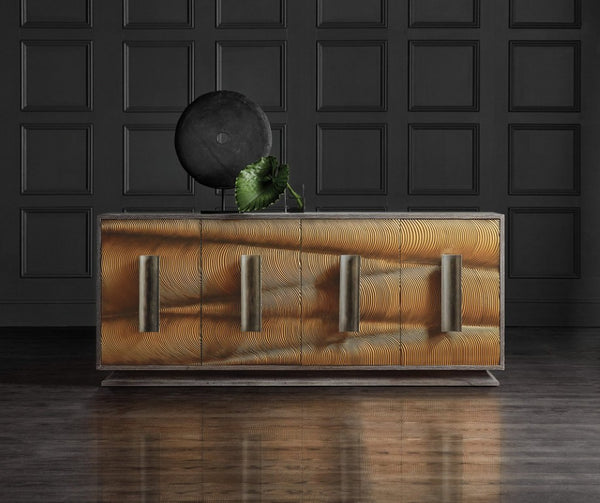 Hooker Furniture Melange Four Door Credenza With Gold Swirl Resin Doors, Oak Veneer, Built-In Power & Bronze Hardware 628-85633-15