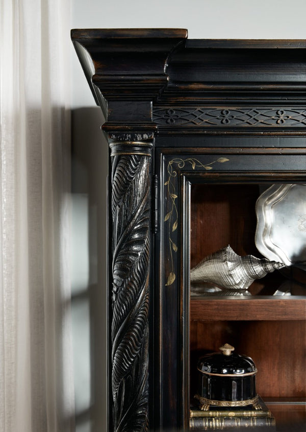 Hooker Furniture Charleston Two-Tone Display Cabinet With Glass Doors, Adjustable Shelves, Puck Lighting & Carved Accents 6750-75906-00