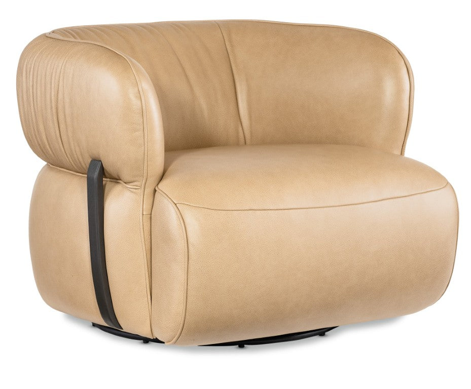 Hooker Furniture Mcguire Semi-Aniline Leather Swivel Chair With Memory Mechanism, Barrel Design & Dark Walnut Accents CC421-SW-070