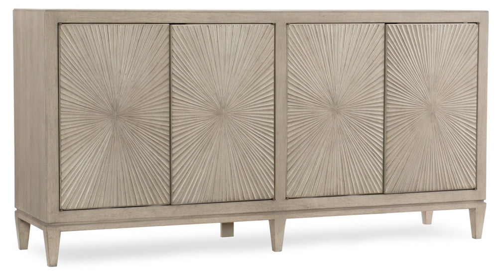 Hooker Furniture Elixir Sculptural Buffet With Starburst Doors, Gray-Beige Walnut Veneer, Ventilated Media Console 5990-75900-LTWD