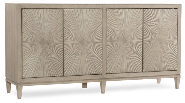 Hooker Furniture Elixir Sculptural Buffet With Starburst Doors, Gray-Beige Walnut Veneer, Ventilated Media Console 5990-75900-LTWD