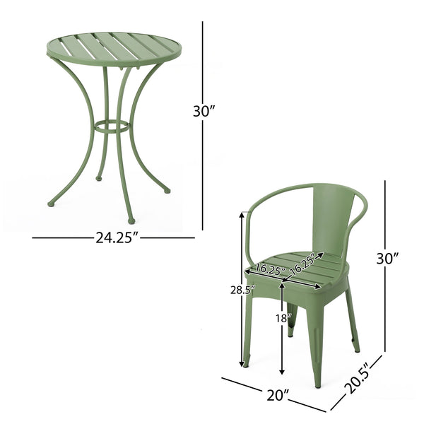 English Elm Colmar Outdoor Iron Bistro Set Powder Coated Slatted Armchairs Round Patio Table Green 56558.00MCG