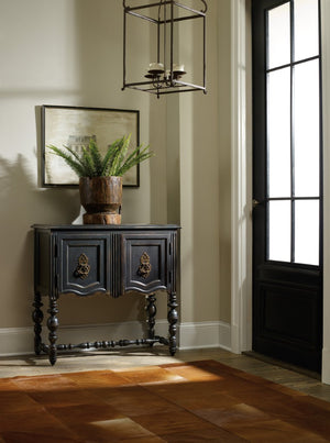 Hooker Furniture Chest Black Hand-Painted Distressed Console With Turned Legs, Ring Pulls & Adjustable Shelf For Entryway 500-50-904