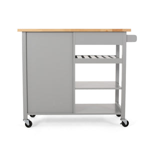 English Elm Christopher Knight Home® - Kitchen Island Cart with Solid Rubberwood Top, 41.75" Mobile Island with Drawer, Cabinet, Shelves & Wheels Grey 67756.00NATGRY