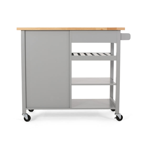 English Elm Christopher Knight Home® - Kitchen Island Cart with Solid Rubberwood Top, 41.75" Mobile Island with Drawer, Cabinet, Shelves & Wheels Grey 67756.00NATGRY
