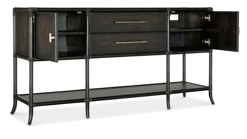 Hooker Furniture Retreat Pole Rattan Sideboard With Rope Accents, Dune Oak Veneer, Soft Pewter Hardware & Storage Dark Wood 6950-75917-99