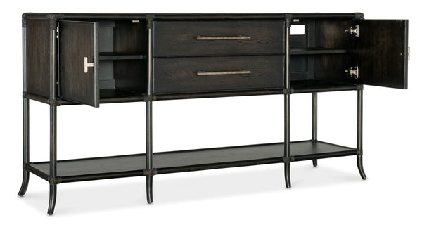 Hooker Furniture Retreat Pole Rattan Sideboard With Rope Accents, Dune Oak Veneer, Soft Pewter Hardware & Storage Dark Wood 6950-75917-99