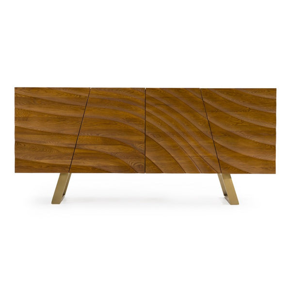 VIG Furniture Finley Walnut & Gold Mid‑Century Buffet Console — Corrugated Doors, Brushed Gold Legs, Spacious W71" Xh34" VGCSSB-16050-GLD