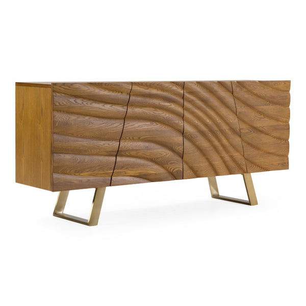 VIG Furniture Finley Walnut & Gold Mid‑Century Buffet Console — Corrugated Doors, Brushed Gold Legs, Spacious W71" Xh34" VGCSSB-16050-GLD