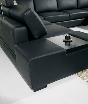 T35 - Modern Black Genuine Leather Sectional Sofa with Light