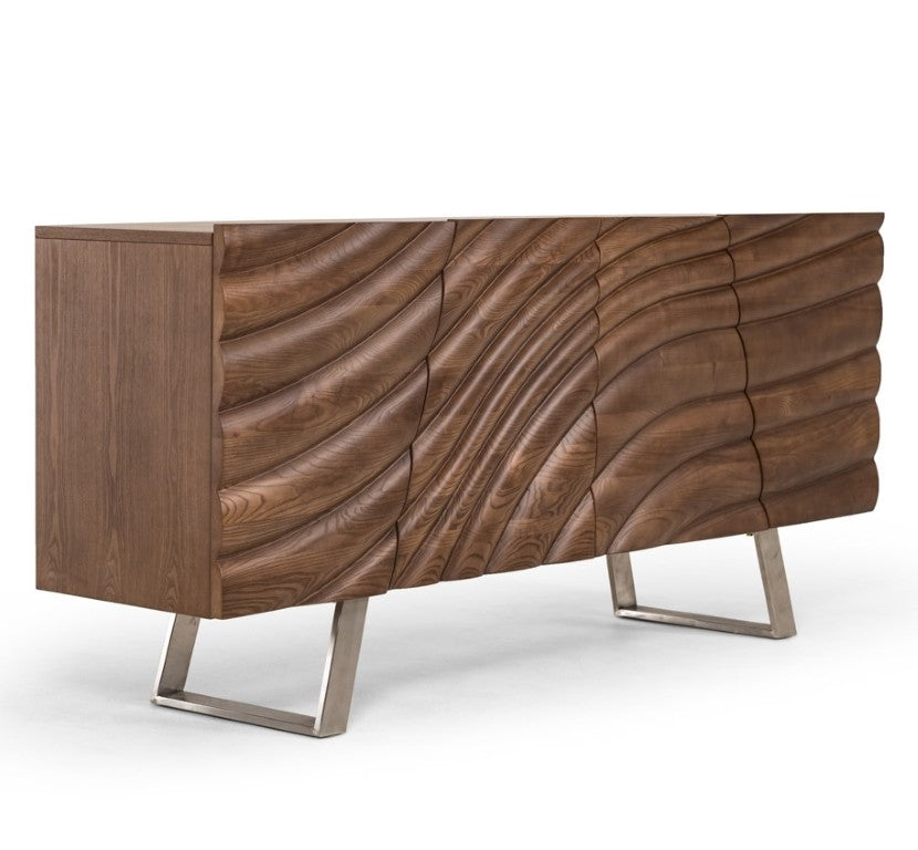 VIG Furniture Finley Walnut Mid-Century Buffet With Corrugated Ash Doors, Brushed Steel Legs, Spacious Storage VGCSSB-16050