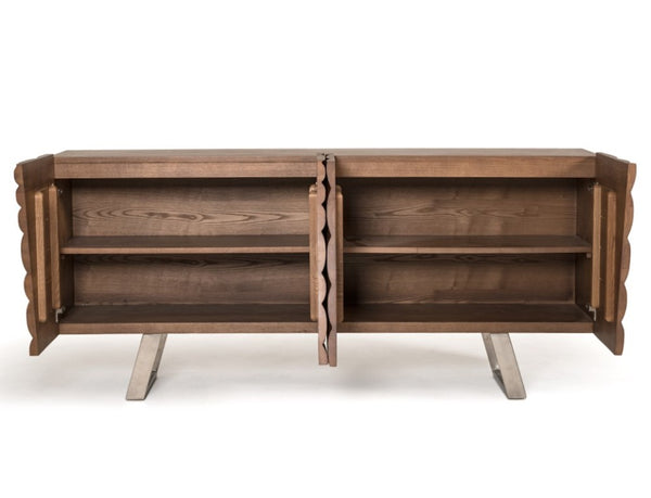 VIG Furniture Finley Walnut Mid-Century Buffet With Corrugated Ash Doors, Brushed Steel Legs, Spacious Storage VGCSSB-16050